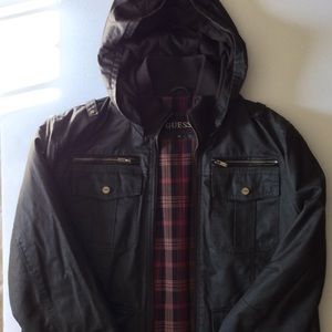 Guess Coat, Antique-finish Hooded Ja Brown